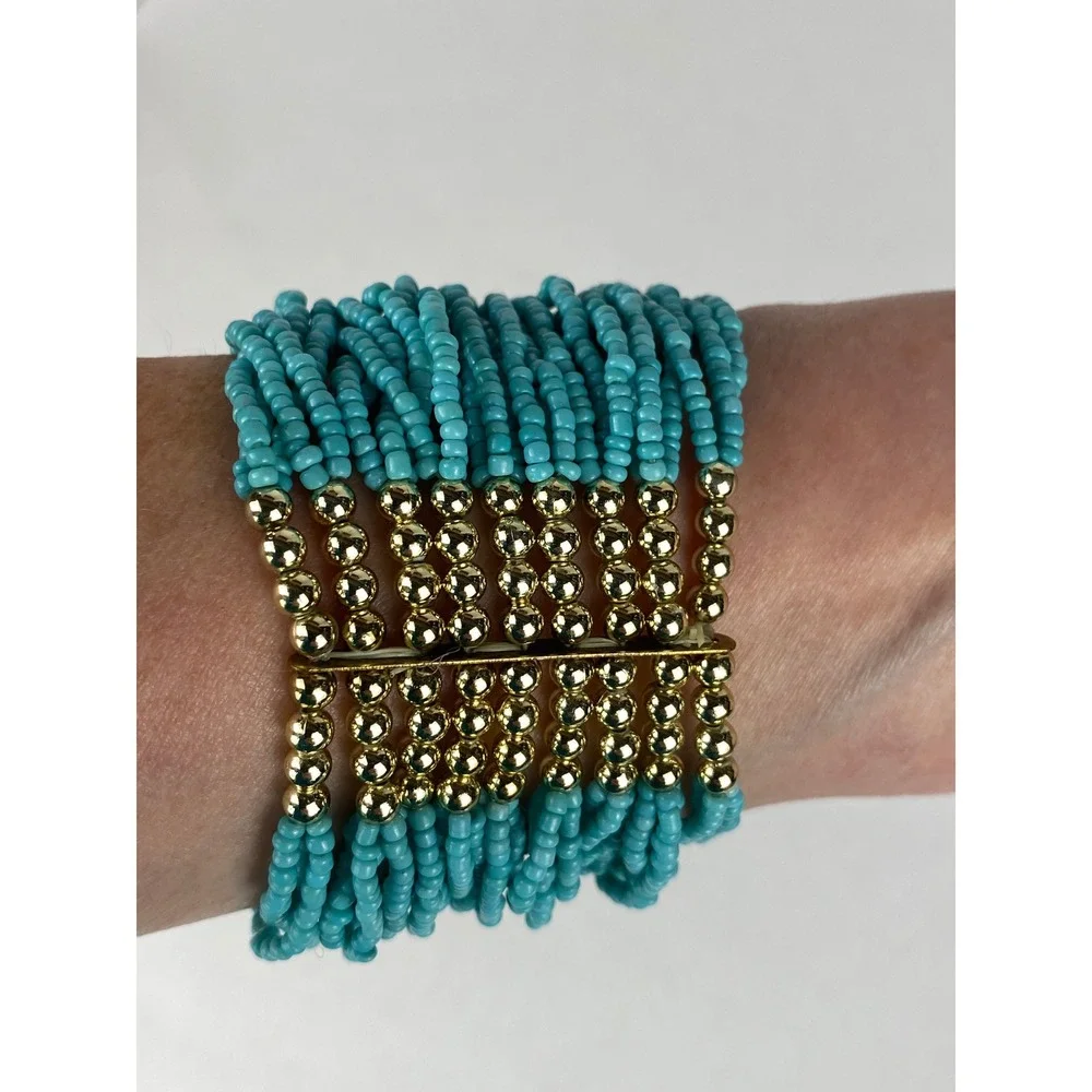 Turquoise Blue Multi Strand‎ Seed Bead Cuff Bracelet Gold Tone Statement Wide